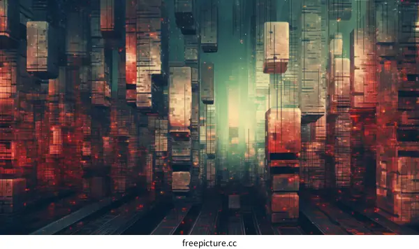 Illustration of a futuristic city with skyscrapers made of glowing red and green blocks