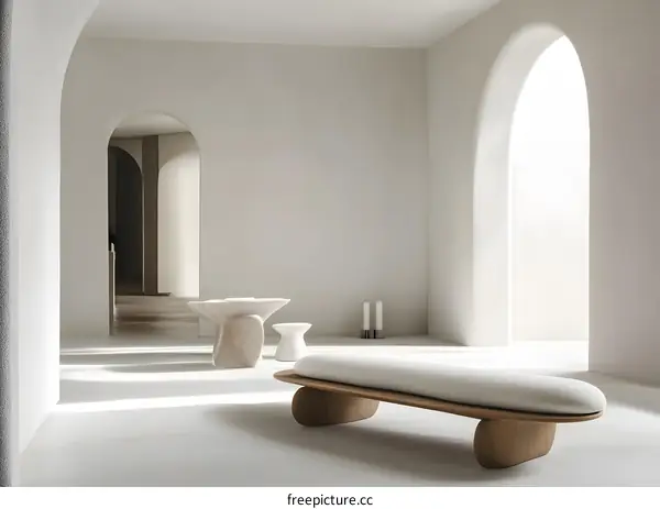 Minimalist Interior Design with Archways and Wooden Bench
