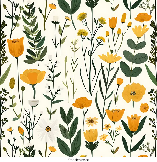 Yellow and Green Floral Pattern Seamless Illustration