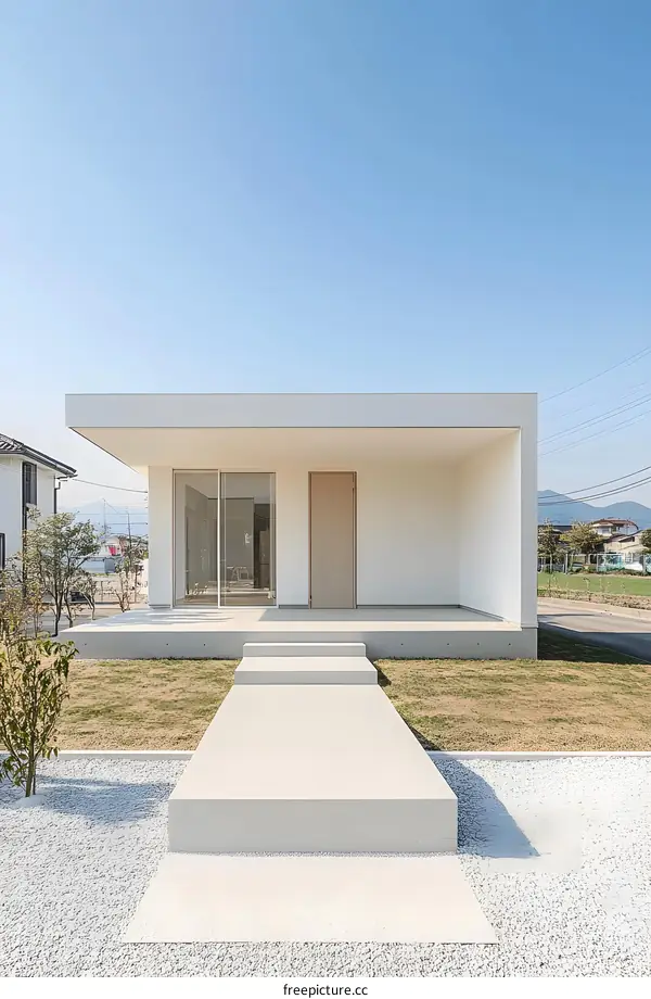 Modern White House With Concrete Walkway And Lawn