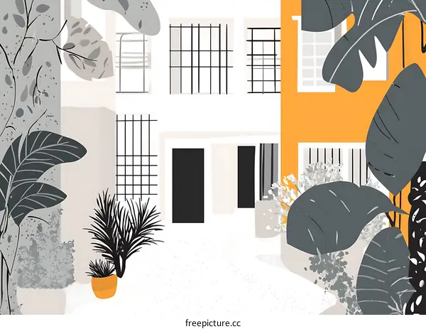 Minimalist Abstract Illustration of a Courtyard with Tropical Plants