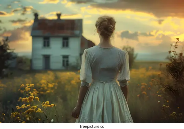 Woman in White Dress Facing Abandoned House at Sunset