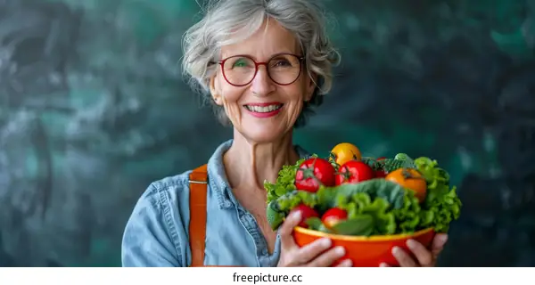 A portrait of an elderly woman holding a bowl of fresh vegetables