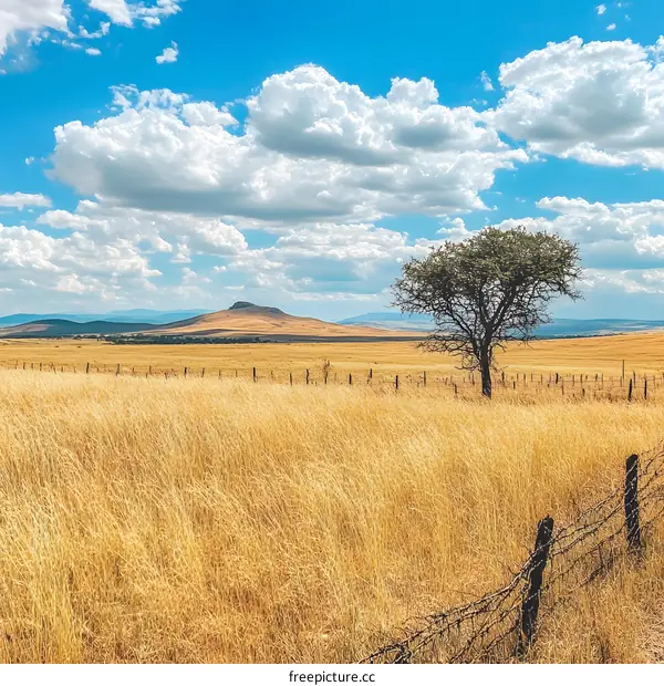 Lone Tree in a Field of Tall Grass with Mountains in the Distance