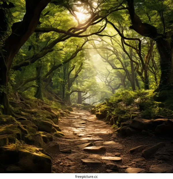 Enchanted Forest Path: Sunlight Dappled Through the Trees