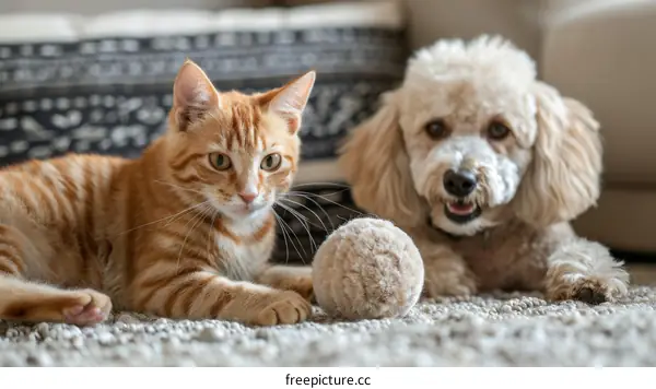 Orange cat and white dog playing with a ball