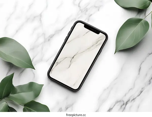 Modern Black Smartphone with Green Leaves on Marble Background