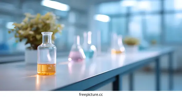 Laboratory Tabletop with Glassware and Plants