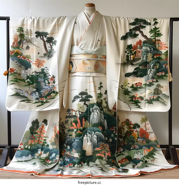 A kimono with a pattern of autumn plants and trees