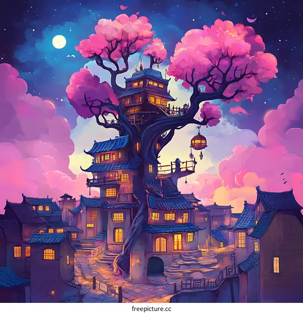 Fantasy City With Treehouse Under Night Sky