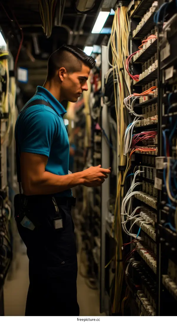 A technician inspects cables in a data center.