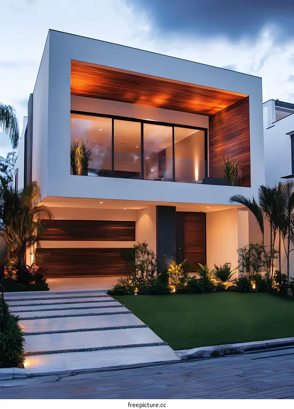 Modern House with Wooden Accents and a Green Lawn