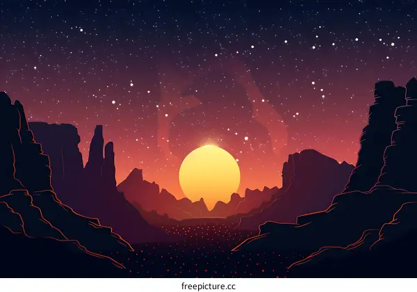 Mountain Landscape with a Big Sun in the Sky and Stars