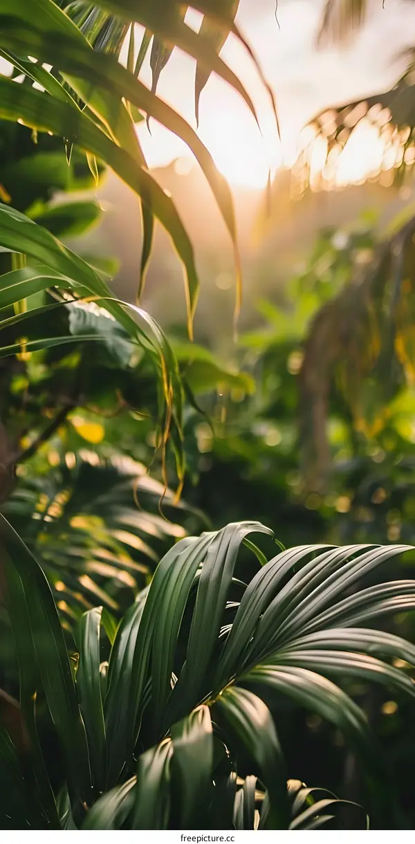 Green Tropical Leaves With Sun Rays