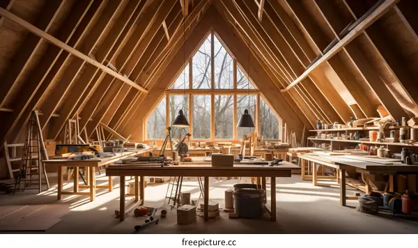 A large carpentry workshop with wooden tables and tools