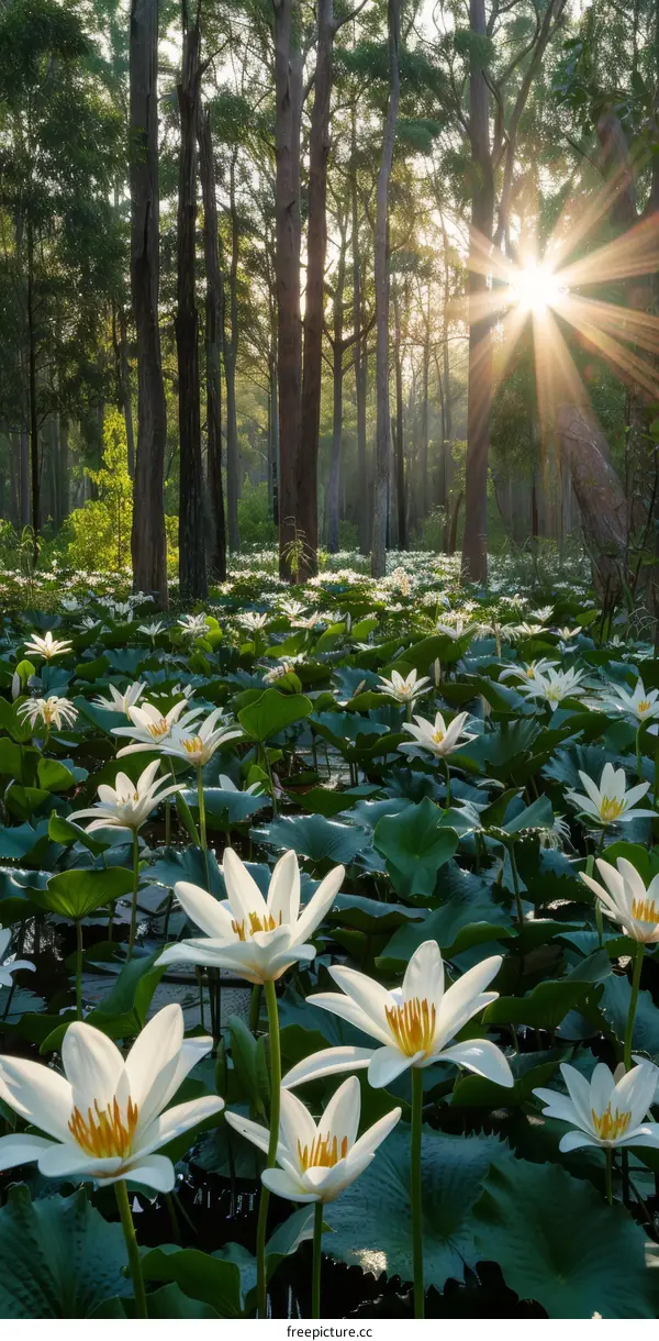 Sunlit White Flowers in a Forest Pond