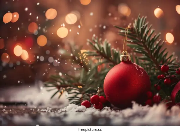 Red Christmas ball with fir tree branches and snow
