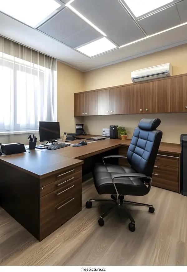 Modern Office Interior Design With Large Desk And Comfortable Leather Chair