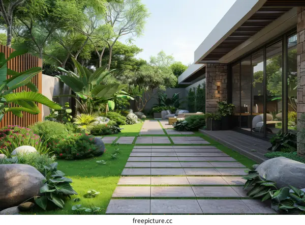 Courtyard with tropical plants and a modern house in the background