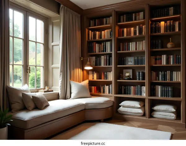 Cozy Reading Nook With Large Bookcase