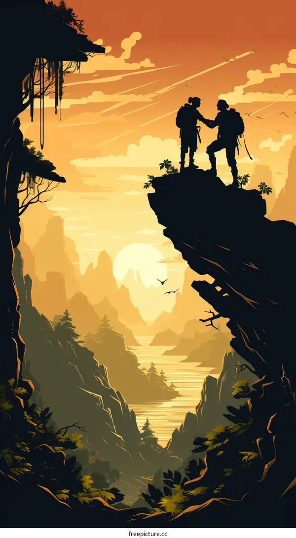 Two Hikers Silhouette Watching Sunset