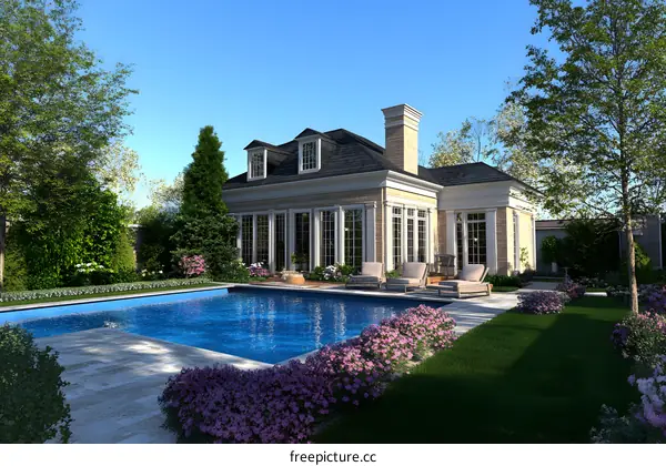 Backyard Pool and House 3D Rendering