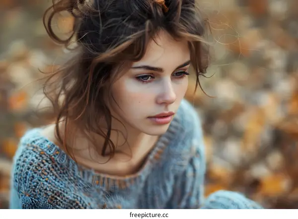 portrait of a beautiful young girl with brown hair wearing a blue sweater