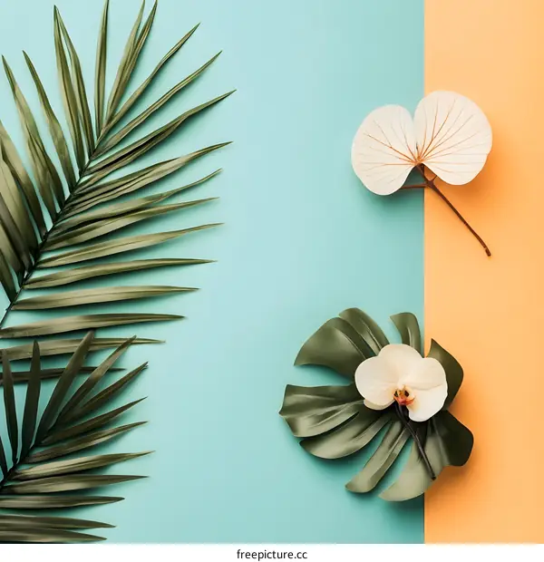 Tropical Leaves and Flowers on a Blue and Orange Background