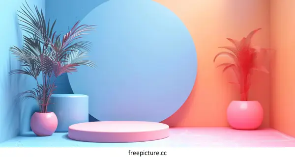 Pink and Blue Podium with Plants 3D Rendering