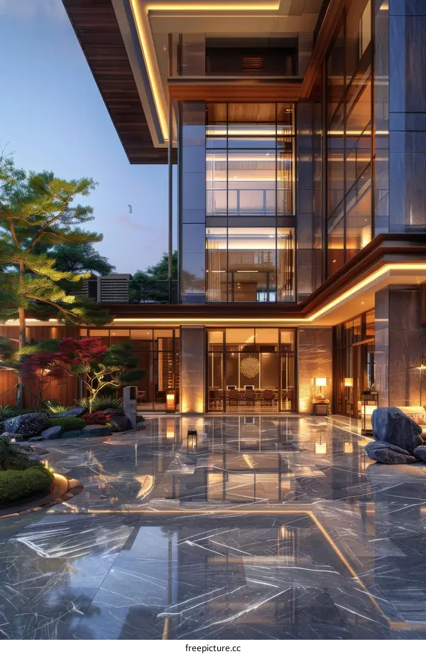 Modern Luxury Hotel Courtyard at Dusk