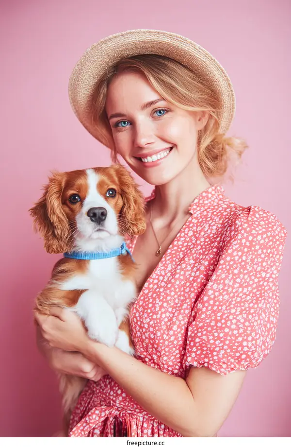 Woman Holding a Puppy Against a Pink Background