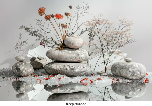 Still life with rocks, glass, and flowers