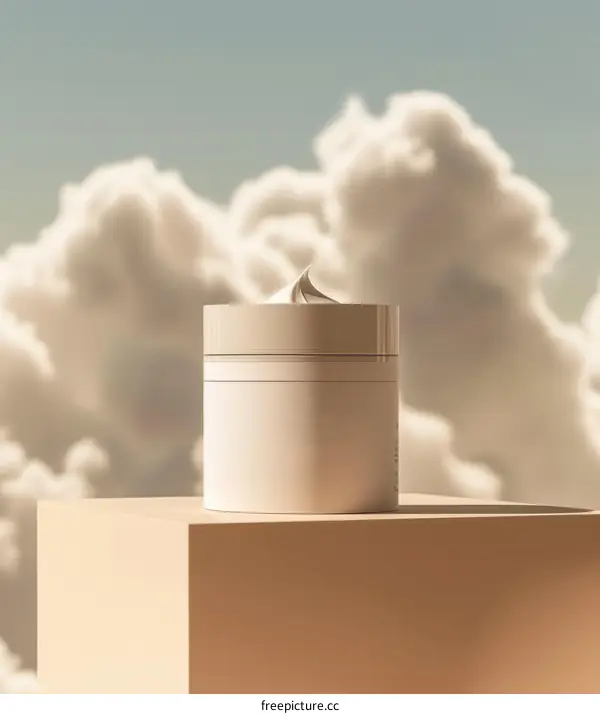 3D rendering of a cosmetic cream jar on a podium against a cloudy sky