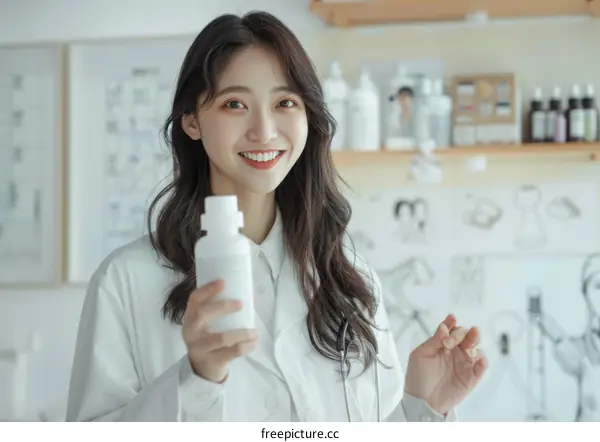 Asian female doctor holding a bottle of medicine