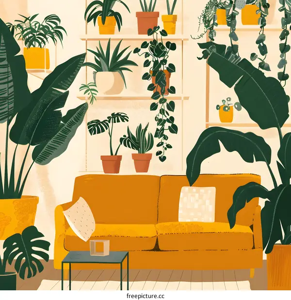 Illustrated Living Room with Plants and Yellow Sofa