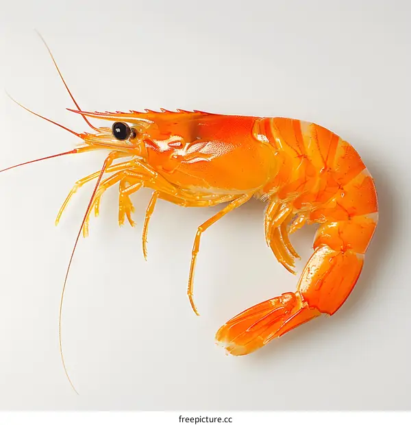 Single cooked shrimp on white background