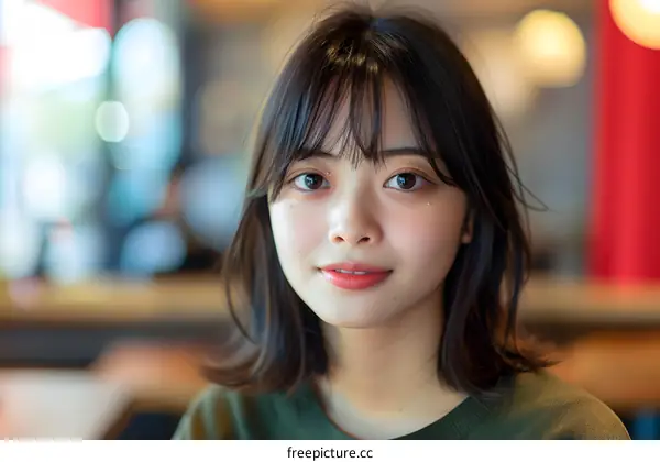 Smiling Asian Woman With Short Hair Looking at Camera in Cafe