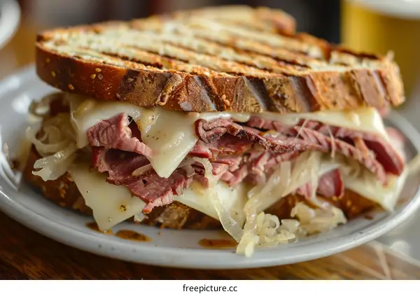 A Reuben sandwich on a plate with a side of sauerkraut and a beer