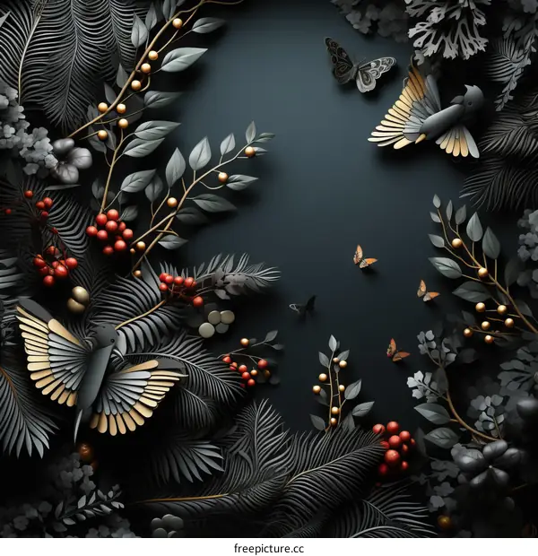 Dark Floral Background with Black and Gold Birds and Butterflies