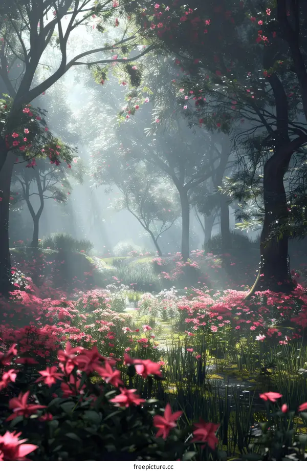 Misty Forest with Pink Flower Field