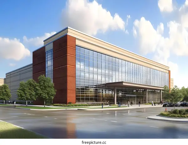 Modern Brick and Glass Building Exterior with People Walking Around