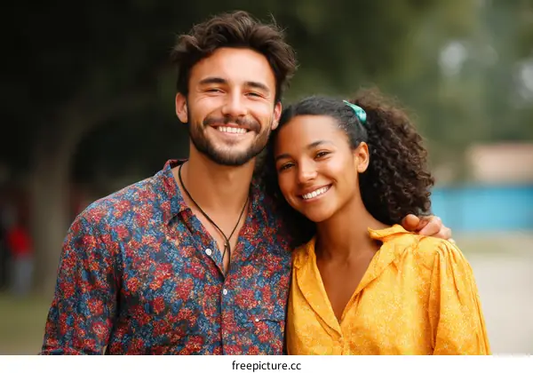 Smiling Couple Outdoors in Casual Attire