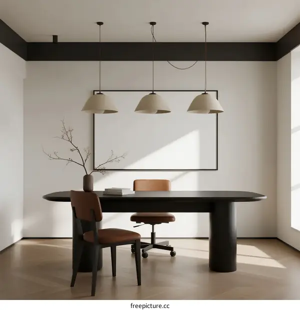 Minimalist Home Office with Black Desk and Pendant Lights