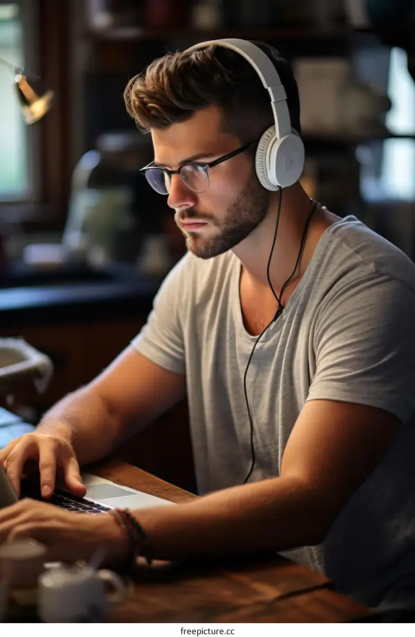 Focused young man working on laptop