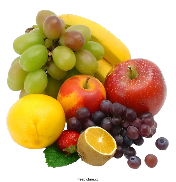 [Transparent Background PNG]Fresh Fruit Arrangement with Green Grapes, Bananas, Apples, Oranges and Blueberries