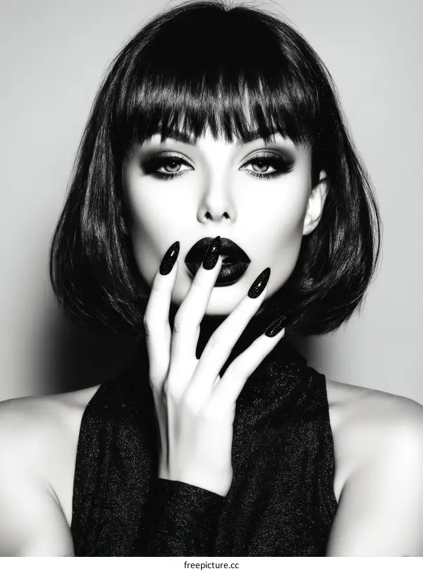 Fashionable Woman with Black Makeup and Nails