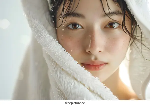 A close-up portrait of a young woman with wet hair and freckles
