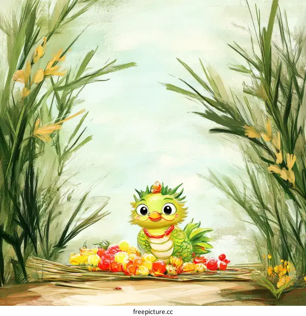 Cute Green Dragon Among Plants and Fruits