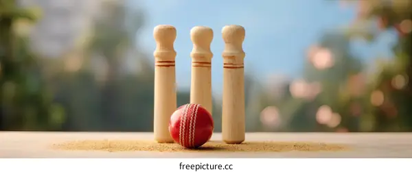Cricket Ball and Wickets on Sandy Surface