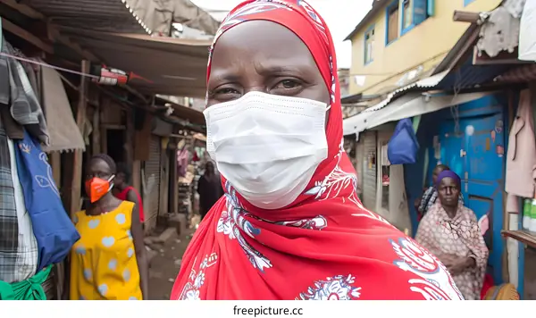 African Woman Wearing a Face Mask in a Crowded Street